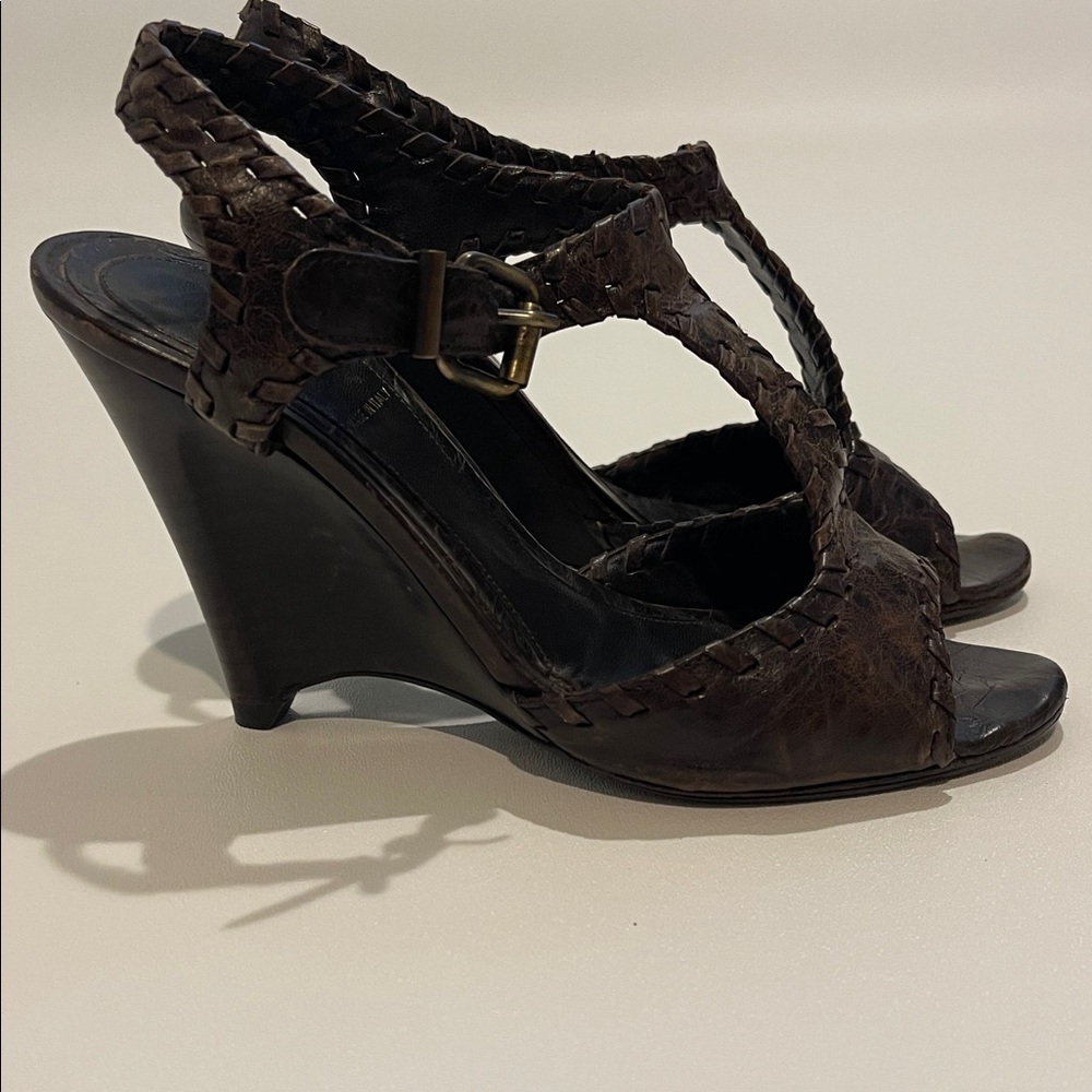 Fendi Zeppa Capra Pergamena Dark Brown Braided Wedge Sandals - Picture 5 of 9